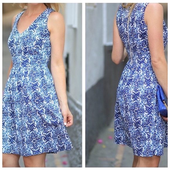 MILLY FOR DESIGNATION Blue Print Fit & Flare Dress - Picture 2 of 8